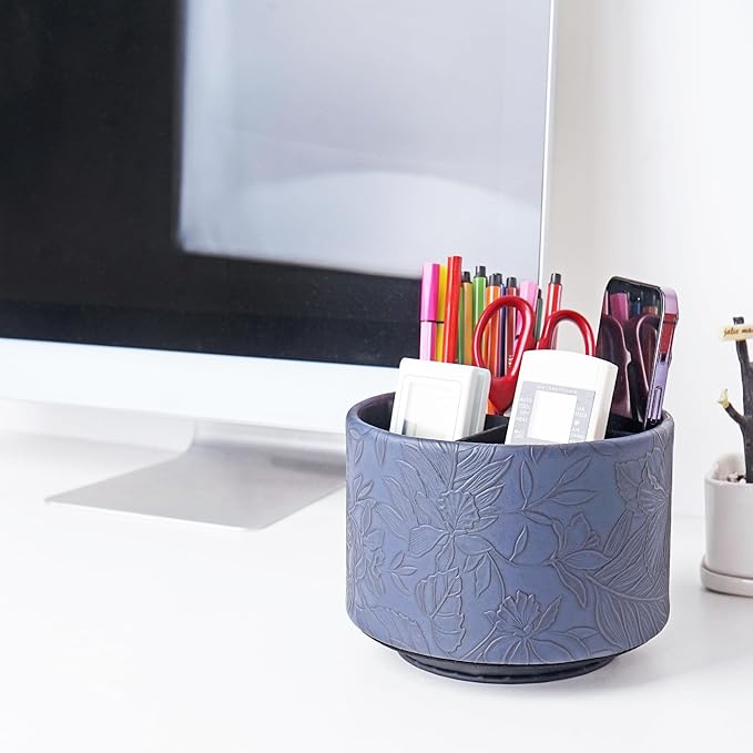 Hennaja Round Leather Art Supply Organizer,Remote Control Holder,360 Degree Spinning,Multi-Functional Pencil Holder,4 Compartments Desktop Stationary Organizer(1-Carved Dark Blue)-NeatNest