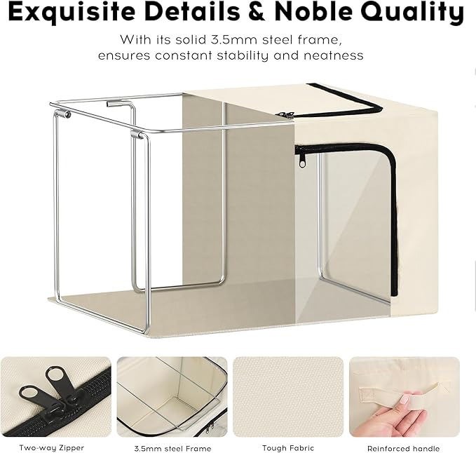 3-Pack Clothes Storage Bins with Metal Frame, Foldable 40L Linen Storage Boxes with Lids, Zippers & Durable Handles, Clear Windows (Cream)-NeatNest