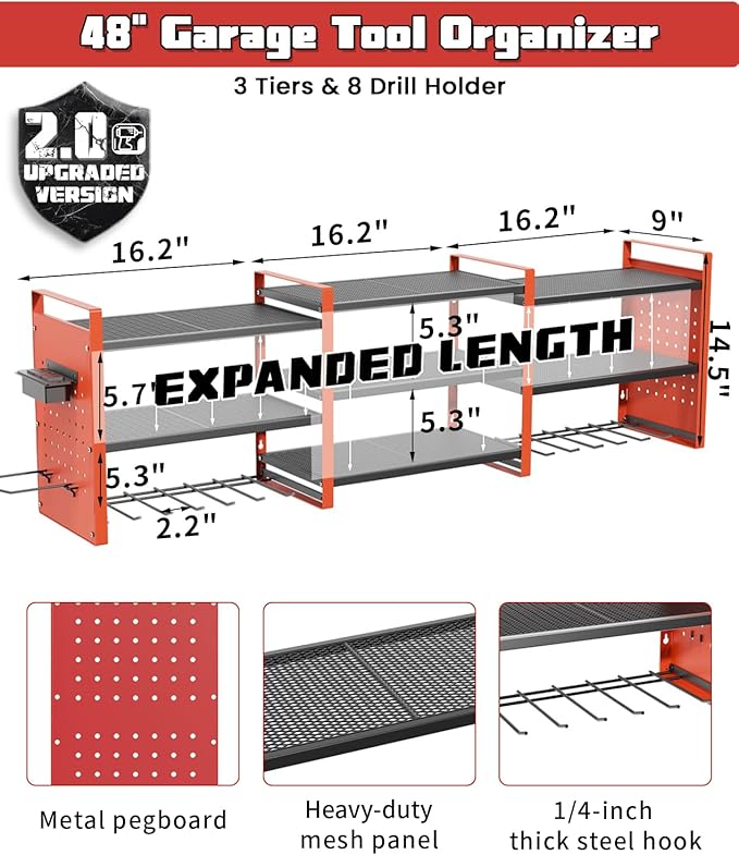 Heavy-Duty 48" Wall Mount Power Tool Organizer with Charging Station – 3-Tier Garage Organization Rack for Drills, Wrenches & Tools – Includes 16 Hooks & Pegboard Sides