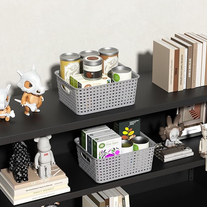 6 Packs Plastic Storage Baskets for Organizing Shelves Drawers Desktop, Small Pantry Organization, Grey
