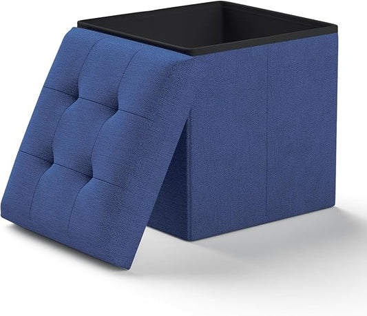 Ottoman Folding Storage Bench, 15x15x15 Inch, Foot Rest Stool for Living Room, Bedroom, Entryway, End of Bed - Multi-Functional Ottoman with Storage Navy Blue