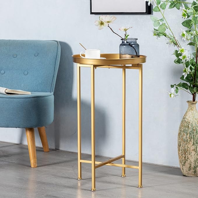 HollyHOME Small Round Metal Waterproof End Table, Accent Indoor&Outdoor Side Table, Sofa Table for Living Room, Anti-Rust Decorative Plant Stand, (D) 14.5" x (H) 25", Golden-NeatNest
