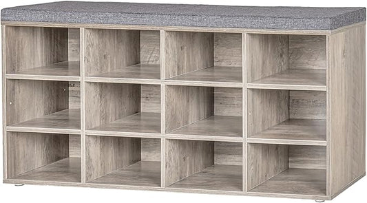 DINZI LVJ Shoe Storage Bench with Cushion, Cubby Rack with 12 Cubbies, Adjustable Shelves, Multifunctional Organizer Bench for Entryway, Mudroom, Hallway, Closet and Garage, Greige-NeatNest
