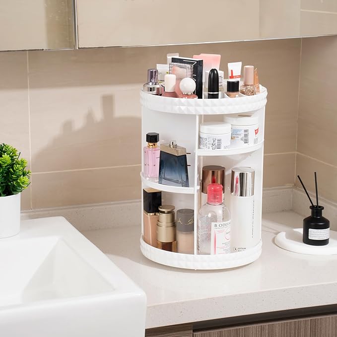 V-HANVER 360 Rotating Makeup Organizer Perfume Organizer White Cosmetic Storage Display Case Large Capacity Acrylic Beauty Holder Adjustable Partition Height for Bedroom Dresser or Bathroom Vanity-NeatNest