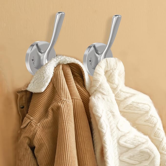 Brushed Nickel Wall Hooks Towel Hooks, 2 Pack Coat Robe Hook Heavy Duty Bathroom Double Hook Wall Mounted, Hand Towel Hooks for Closet Entryway Cubicle Kitchen-NeatNest