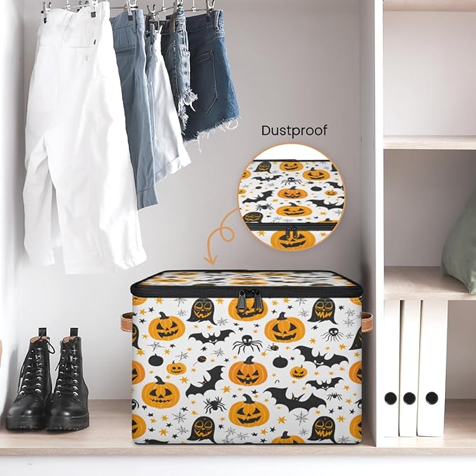 Halloween Pumpkin Storage Bins with Lids, Boho Ghosts Bat Fabric Storage Boxes with Zipper, Collapsible Decorative Closet Organizer Cube for Clothes,Organizing, Shelves-NeatNest