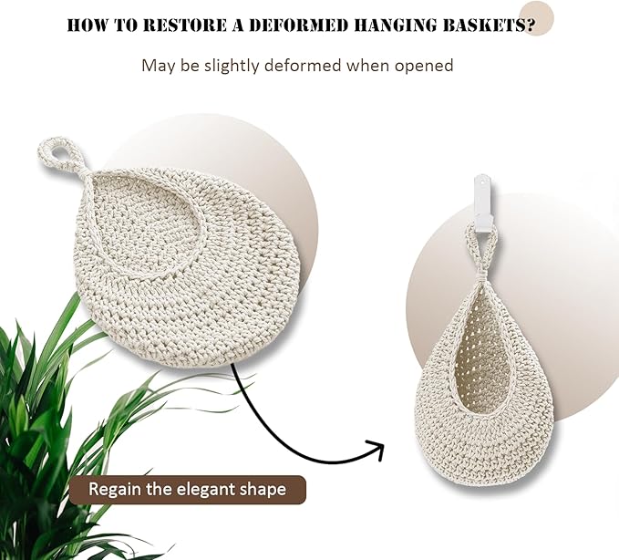 Hanging Fruit Basket Set of 3, Boho Wall Hanging Storage Basket for Organizing, Handmade Teardrop Hammock Holder for Fruit Vegetable in Home & Restaurant Kitchen with Hooks, White Cotton