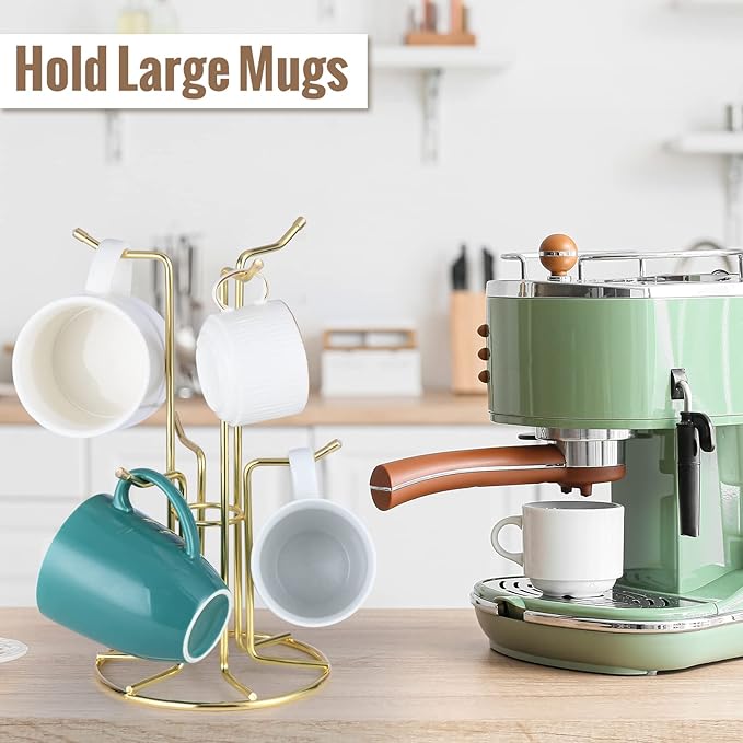 HULISEN Mug Holder for Large Cups, Mug Tree for Counter with 6 Hooks, Metal Coffee Mug Stand for Easy Pick, Place and Display, Coffee Bar Accessories and Decor, Free Standing Mug Rack, Gold-NeatNest