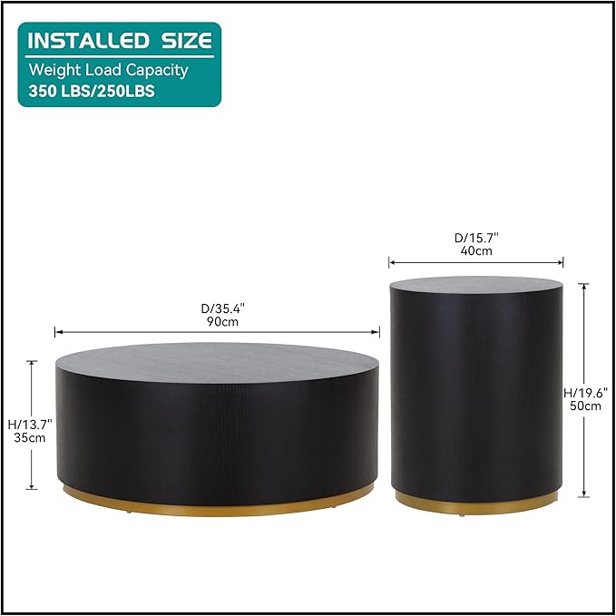 kevinplus Black Round Coffee Table Side End Table Set of 2 for Living Room, Modern Contemporary Circle Drum Style, Gold Rim Bottom, No Assembly (Black, 2-Pcs)