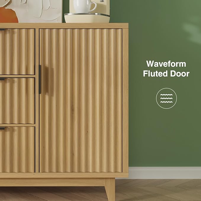 47.2" W Storage Cabinet with 3 Drawers, Fluted Buffet Cabinets with Storage, Large Sideboard with 2 Door, Modern Mid Century TV Stand Coffee Bar Furniture for Living Room, Kitchen, Entryway