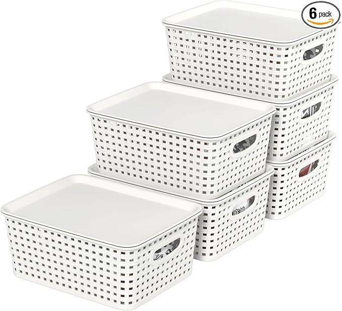 6 Pack Plastic Storage Baskets with Lids, Stackable Decorative Box Bin, Small Weave Storage Containers, White