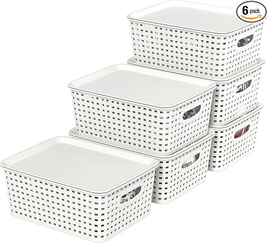 6 Pack Plastic Storage Baskets with Lids, Stackable Decorative Box Bin, Small Weave Storage Containers, White