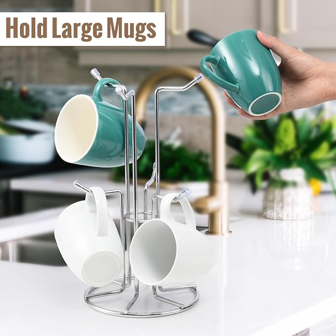 HULISEN Coffee Mug Holder for Countetop, Cup Tree for Counter Large Mugs with 6 Hooks, Metal Cup Holder Stand, Standing Rack Display for Coffee Bar, Silver-NeatNest