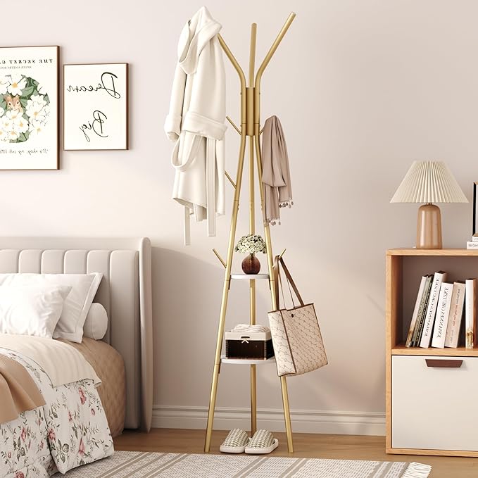 HOMEFORT Coat Rack, Coat Hanger Stand with 2 Shelves, Freestanding Hall Tree, Metal Hat Hanger with 12 Hooks for Clothes Hats and Scarves (Gold)-NeatNest
