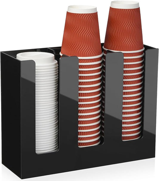 MYITYARD Coffee Cup Holder, Cup and Lid Organizer fits 5 to 16 oz Disposable Paper & Plastic Cups, Cup Dispenser Countertop, Coffee Bar Accessories for Bathroom, Kitchen, Office (3 Compartment)