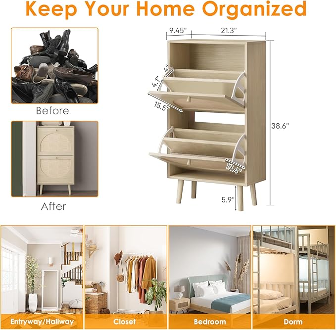 Karl Home Shoe Cabinet with 2 Flip Drawers, 2 Tier Freestanding Organizer, Rattan Storage Cupboard for Entryway, Hallway, Living Room, Natural-NeatNest