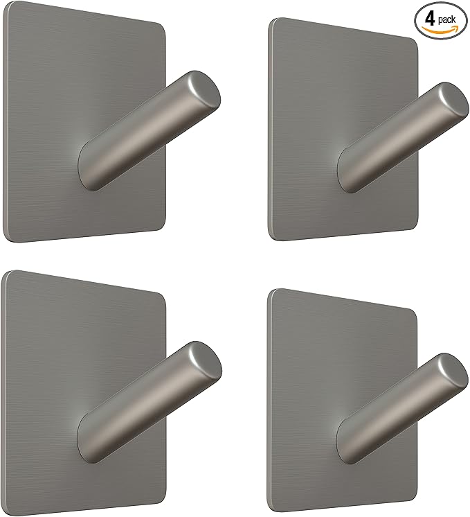 Brushed Nickel Self Adhesive Towel Hooks for Bathroom Wall Door Mounted - SUS304 Stainless Steel Strong Strips Stick on 3M Wall Hooks for Hanging Coat, Hat, Bag, Key, Jacket – 4 Pack-NeatNest