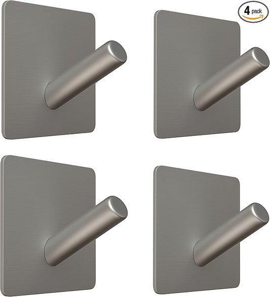 Brushed Nickel Self Adhesive Towel Hooks for Bathroom Wall Door Mounted - SUS304 Stainless Steel Strong Strips Stick on 3M Wall Hooks for Hanging Coat, Hat, Bag, Key, Jacket – 4 Pack-NeatNest