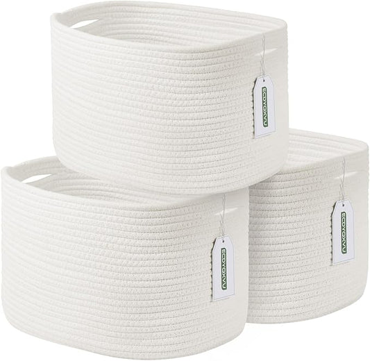 Cotton Rope Storage Basket, 15x10x9 Inches, Woven Basket for Shelves, Clothes, Toys, Towels, Books, and Laundry, Durable and Stylish, White (3 Pack)-NeatNest
