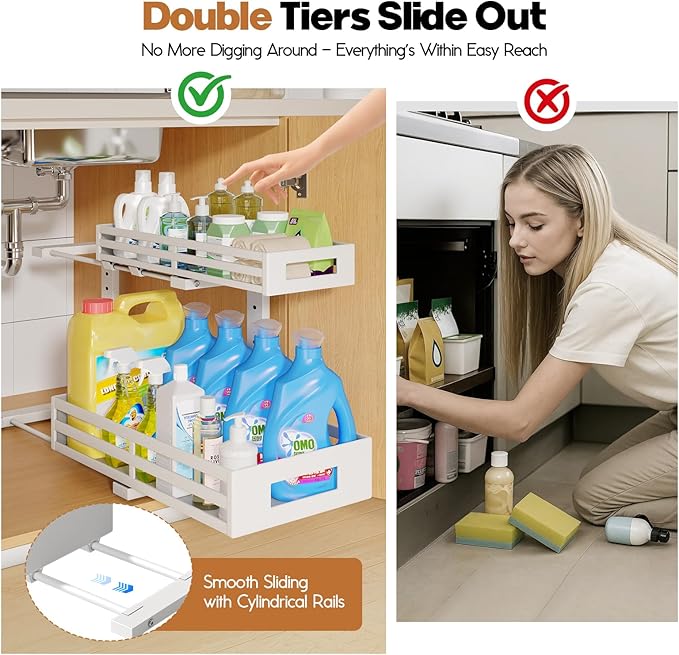 2-Pack 17"Deep Under Sink Organizer And Storage, 2-Tier L-Shaped Pull Out Cabinet Organizer with Upgraded Slide Rails, Height Adjustable Drawers for Kitchen&Bathroom, Extra-Large Storage Shelves–Gray-NeatNest