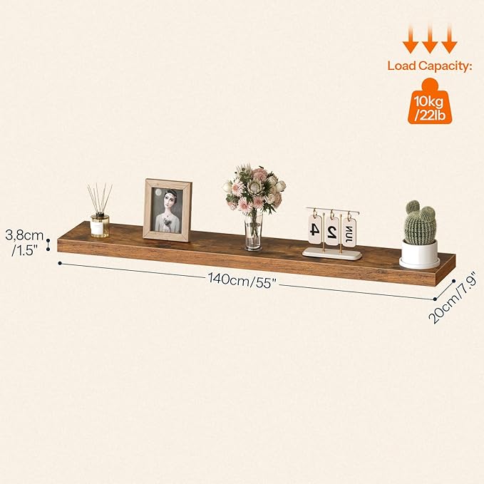 HOOBRO Floating Shelves for Wall, Wall Mounted Shelf Set of 2, 55" Hanging Shelf with Invisible Brackets, for Wall in Bathroom, Bedroom, Toilet, Kitchen, Living Room, Office, Rustic Brown BF140BJP201-NeatNest