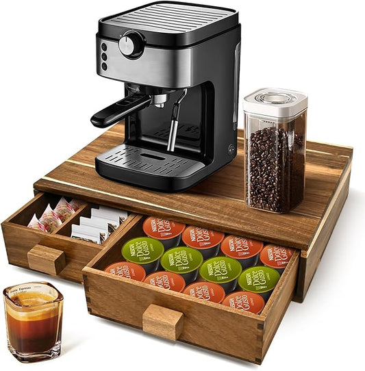 Acacia Wood K Cup Holder，Coffee Pods and Tea Bag Storage Organizer，with Two Drawers Kcup Holders for Counter，Multi-Functional Coffee Maker Stand-NeatNest
