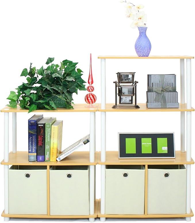 Furinno NW889BE/WH Go Green 4-Tier Multipurpose Storage Rack w/Bins, Beech/White-NeatNest