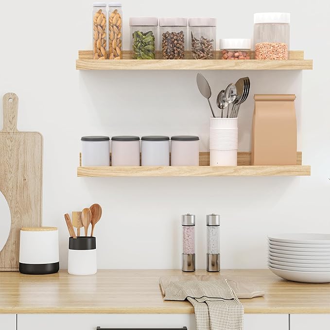 Floating Shelves Wall Mounted Set of 2,Wall Shelves for Decor Storage 15.7 Inch, Wall Mounted Wood Shelves for Bedroom, Living Room, Bathroom, Kitchen, Office, Natural-NeatNest