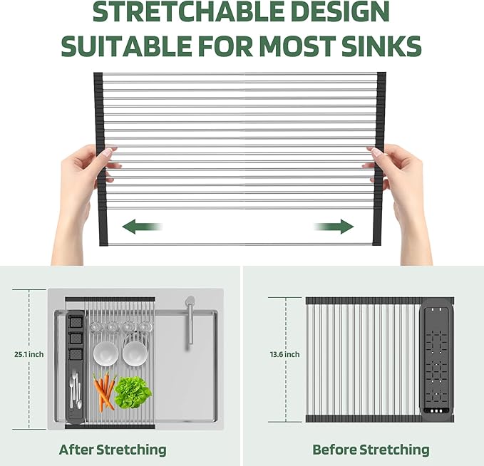 Extra Large Black Expandable Roll Up Dish Drying Rack,Over The Sink Kitchen Rolling up Dish Drainer, for Kitchen Sink Counter，Foldable Sink Cover with Removable Utensil Holder(Expandable Width Size)