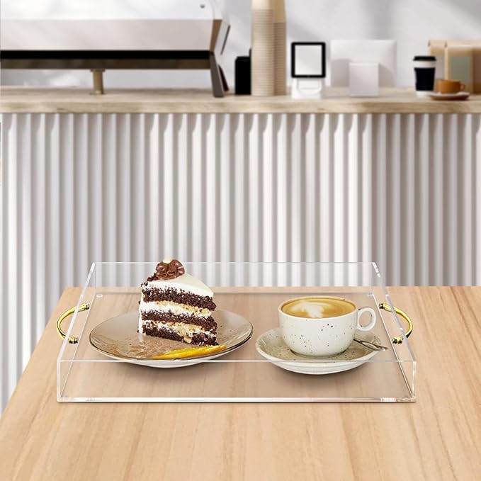 Acrylic Serving Tray with Gold Handles 2 Pcs, Clear Acrylic Tray for Coffee Table Countertop Serving Food, Large Capacity, 16"x12" & 15.2"x11.2"