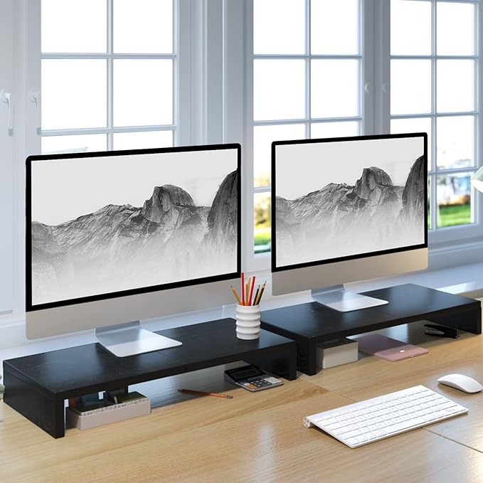 TEAMIX 2 Pack Monitor Stand Riser-20 inch, Black Desktop Stand for PC/TV/Laptop/Printer, Keyboard Shelf Organizer Wood Monitor Riser with Storage-NeatNest