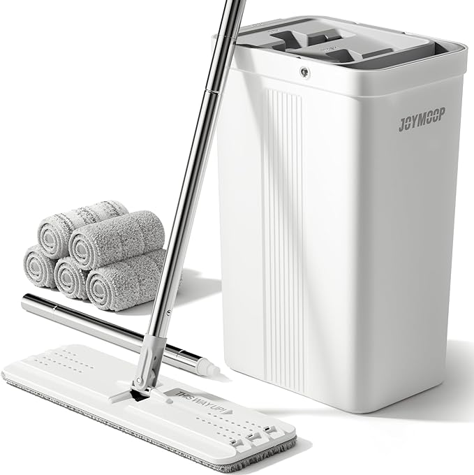 JOYMOOP Mop and Bucket with Wringer Set, White Flat Squeeze Mop Bucket Set for Floor Cleaning, Wet Dry Mops for Walls, Wall Cleaner with Long Handle, Hardwood Floor Mop-5 Microfiber Cloths
