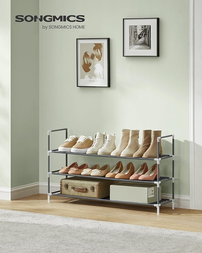 SONGMICS 3-Tier Shoe Rack, Shoe Storage for Hallway Closet, Slim and Space-Saving, Metal Frame, Non-Woven Fabric Shelves, Grey ULSH053G01V1-NeatNest