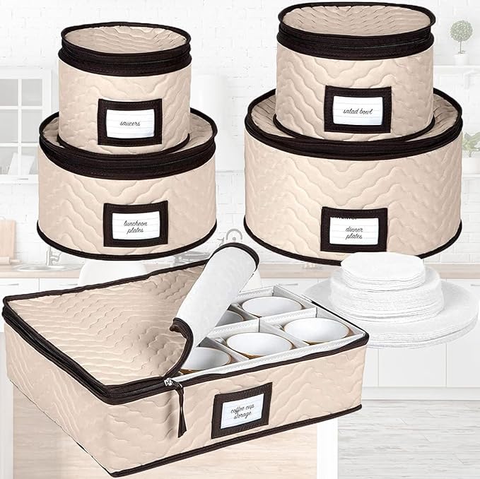 China Storage Containers 5-Piece Set Moving Boxes for Dinnerware, Glasses, Plates, Mugs and Saucers Sturdy Quilted Microfiber Dish Organizer with Dividers for Seasonal Storage - Holds Set of 12-NeatNest
