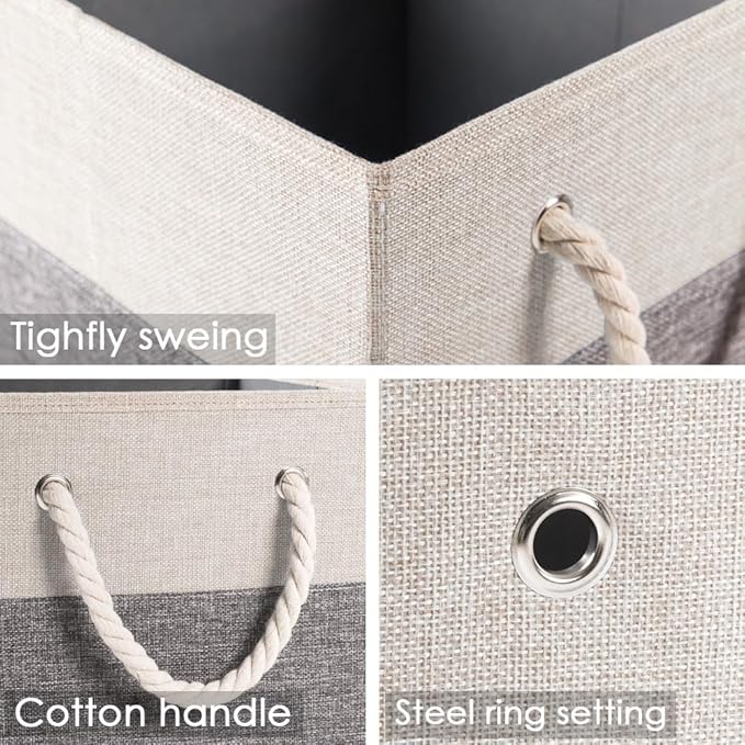 PRANDOM Large Foldable Cube Storage Bins 13x13 inch [4-Pack] Fabric Linen Storage Baskets Cubes Drawer with Cotton Handles Organizer for Shelves Nursery Closet Bedroom White and Grey-NeatNest