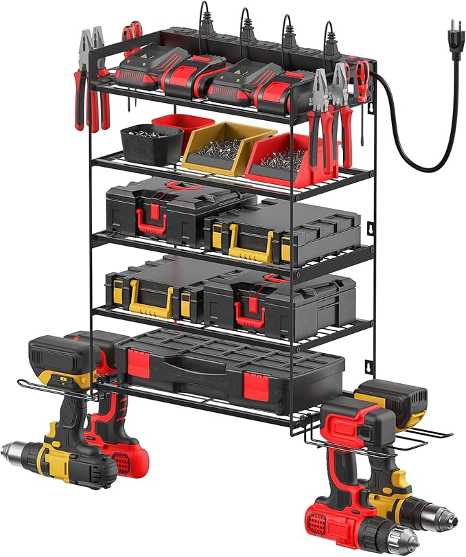 CCCEI Garage Tools Storage with Charging Station. Power Tool Battery Organizer Utility Shelf with Power Strip. 4 Drills Holder Wall Mount Rack, Black 5 Layer.-NeatNest