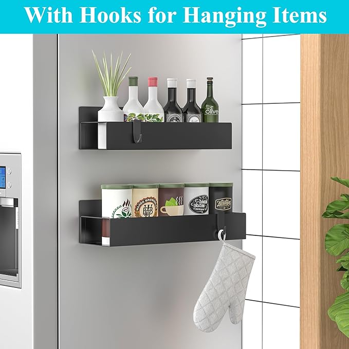2 Pack Magnetic Spice Storage Rack Organizer for Refrigerator and Oven, Matt Black Fridge Organizers and Storage