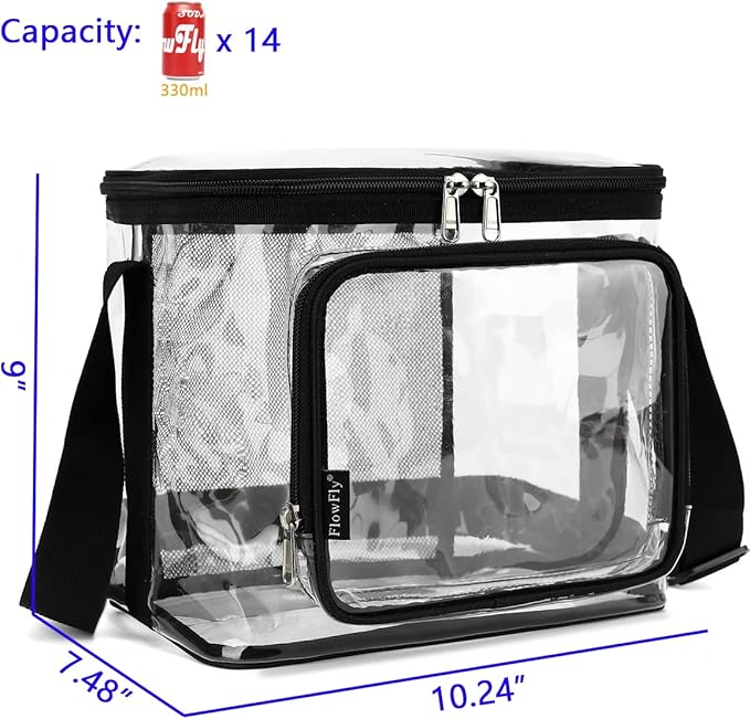 FlowFly Insulated Reusable Lunch Bag Adult Large Lunch Box for Women and Men with Adjustable Shoulder Strap,Front Zipper Pocket and Dual Large Mesh Side Pockets, Clear-NeatNest