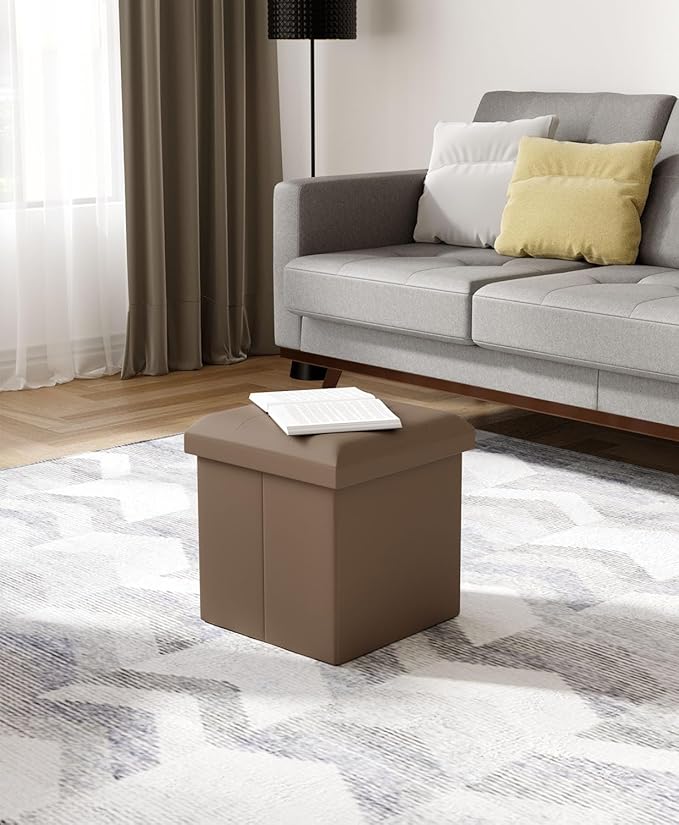 Folding Storage Ottoman Bench, Multi-Functional Ottoman Footrest, End of Bed Bench, Storage Chest for Living Room, Bedroom, Hallway, Entryway, Holds Up to 700 lbs (Brown, 15 Inches)