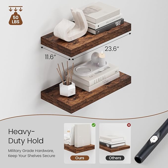 Heimlove 12" Deep Floating Shelves for Wall, 24 Inch Wall Shelf Bathroom Shelves Set of 2, Wall Mounted Shelves for Books Living Room Laundry Room Bedroom Kitchen Home Office, Rustic Brown-NeatNest