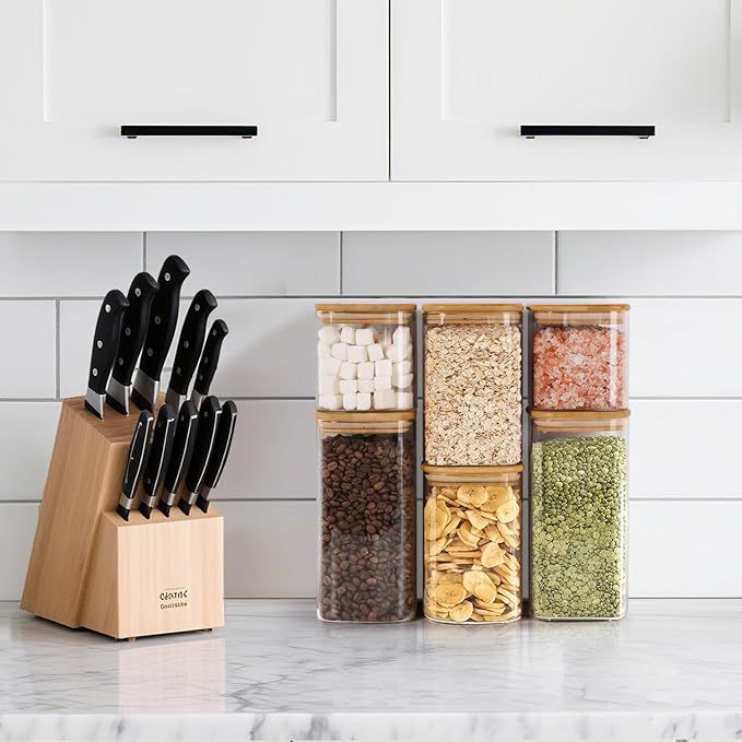 ComSaf Airtight Glass Storage Canister with Lids (0.7Qt/1.2Qt/1.6Qt) Set of 6, Food Storage Container Kitchen Pantry Storage Jar, Glass Jars for Flour Cereal Sugar Tea Coffee Beans Snacks, Square-NeatNest