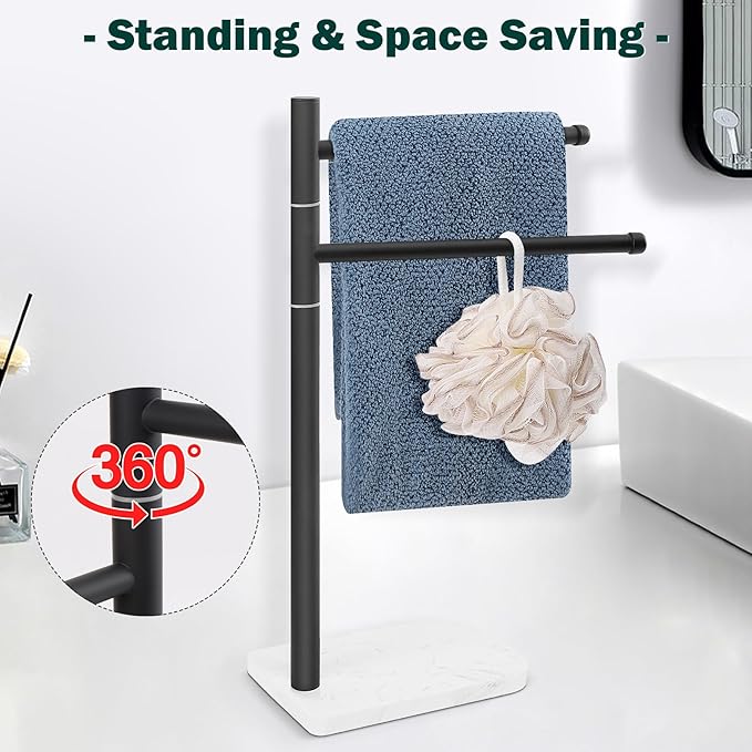 Hand Towel Holder, F-Shape Hand Towel Stand with Marble Base, Stainless Steel Swivel Hand Towel Rack Bar Standing for Bathroom Kitchen Countertop, 2 Arms (Matte Black)