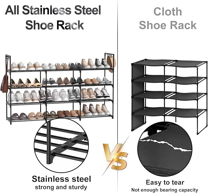 3-Row 4-Tier Shoe Rack, Black Metal Stackable Shoe Shelf with Multifunctional Hooks, Hold 24-30 Pairs, Space Saving Shoes Organizer for Closet,Show Rack-NeatNest