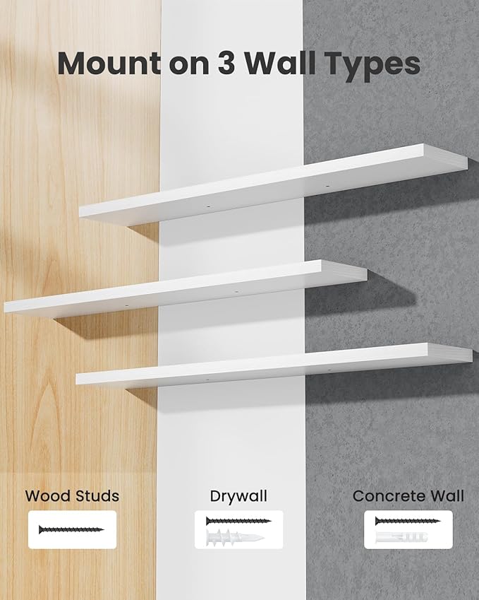 AMADA HOMEFURNISHING 35.4" L Floating Shelves, Wall Shelves Set of 3 for Bathroom/Living Room/Bedroom/Kitchen, White Floating Shelves for Wall Decor with Invisible Brackets - AMFS45W-NeatNest