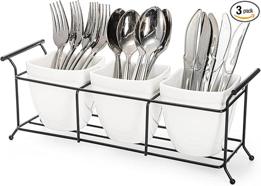 Bekith 3-Piece Ceramic Flatware Caddy with Metal Rack, Utensil Holder Silverware Caddy Cutlery Organizer, White-NeatNest