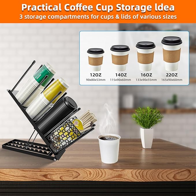 Coffee Cup and Lid Holder with Straw Holder/Coffee Clean Brush, Metal Adjustable Bar Organizer 4 Compartment Cup Dispenser Organizers for Station Home Countertop Bar Breakroom (Black)-NeatNest