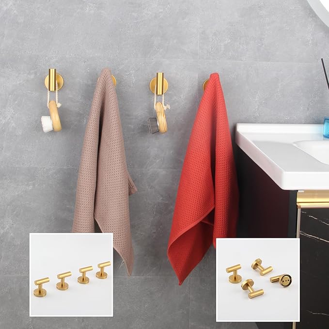 GERZWY Gold Stainless Steel Towel Hook Wall Mounted Robe Hook Heavy Duty Coat Hook Luxury Hooks for Bathroom Hotel 4 Pack AG1307B-BE