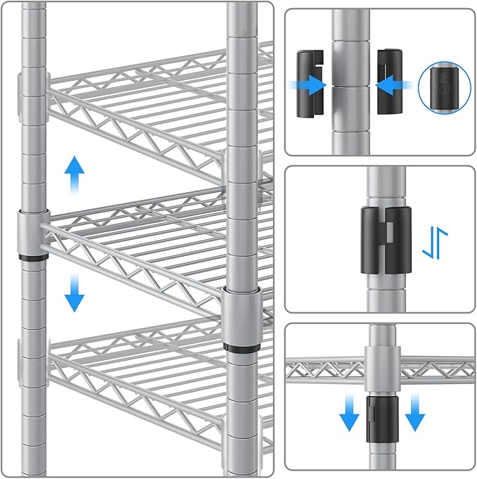 Homdox 5 Tier Adjustable Rolling Storage Shelves, Heavy Duty Wire Racks and Shelving, Metal Shelves for with Side Hooks Pantry Closet Kitchen Garage Organization, Silver Gray-NeatNest