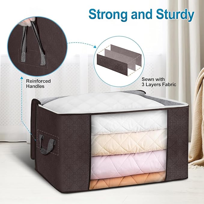 Budding Joy Clothes Storage, Foldable Large Storage Bags, Storage and Organization for Clothing, Blanket, Comforter, Clothes, Pillows, Closet Organizers with Enhanced Handle, 60L 6 Pack Brown-NeatNest