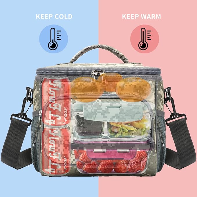 FlowFly Insulated Reusable Lunch Bag Adult Large Lunch Box for Women and Men with Adjustable Shoulder Strap,Front Zipper Pocket and Dual Large Mesh Side Pockets,DigitalCamo-NeatNest